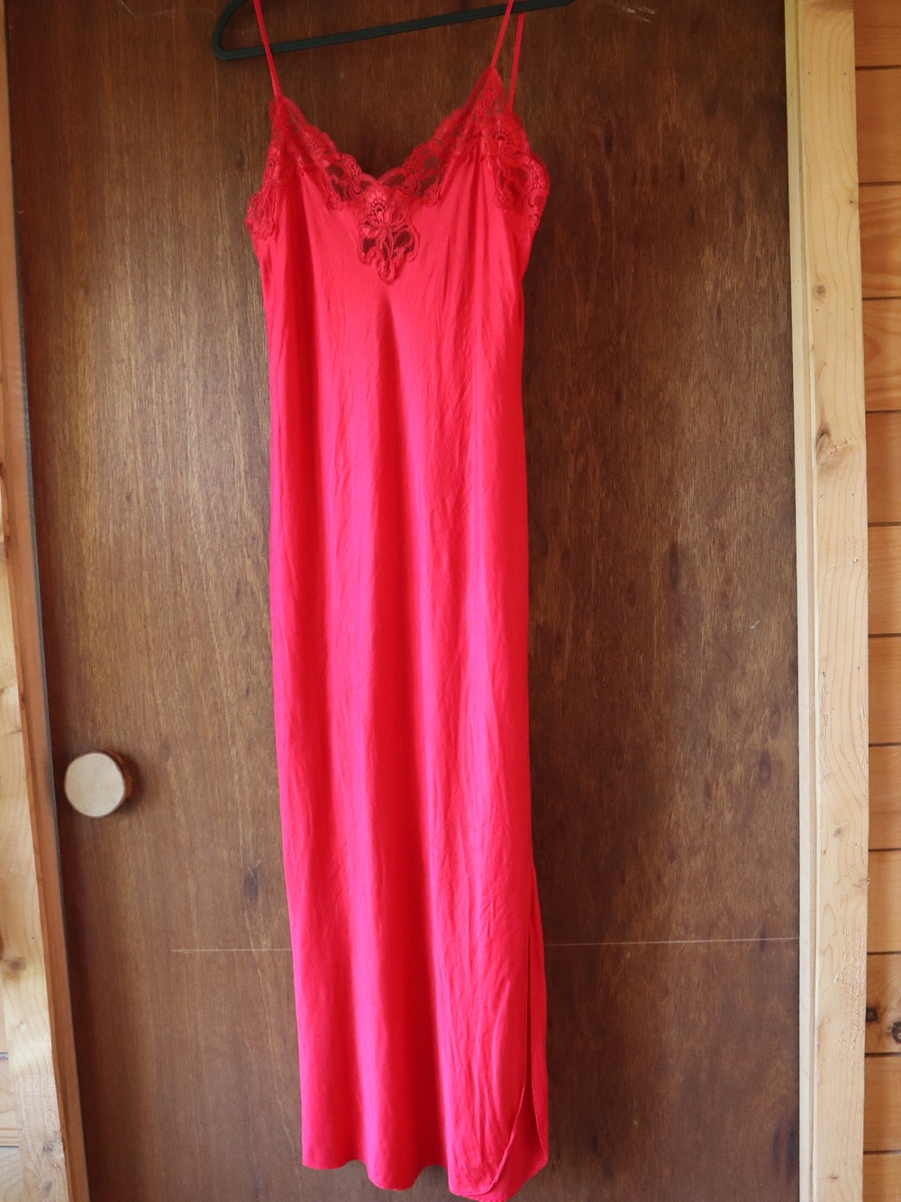 Vintage Silk Red Slip Dress Lace-Trim Bias Cut 100% Silk